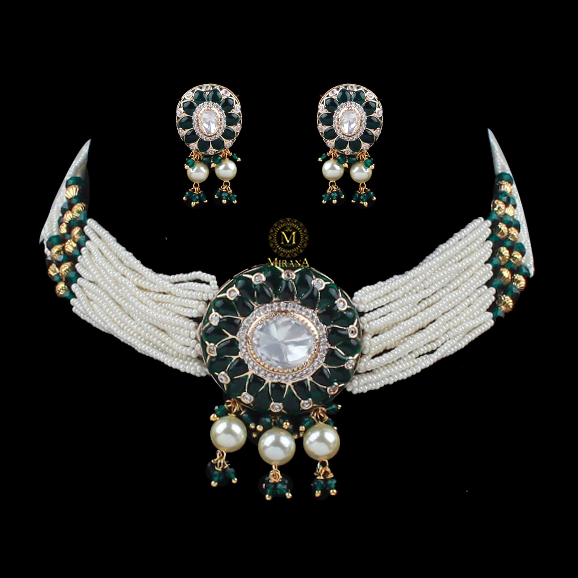 Bhuvika Emerald Green Polki Choker Set