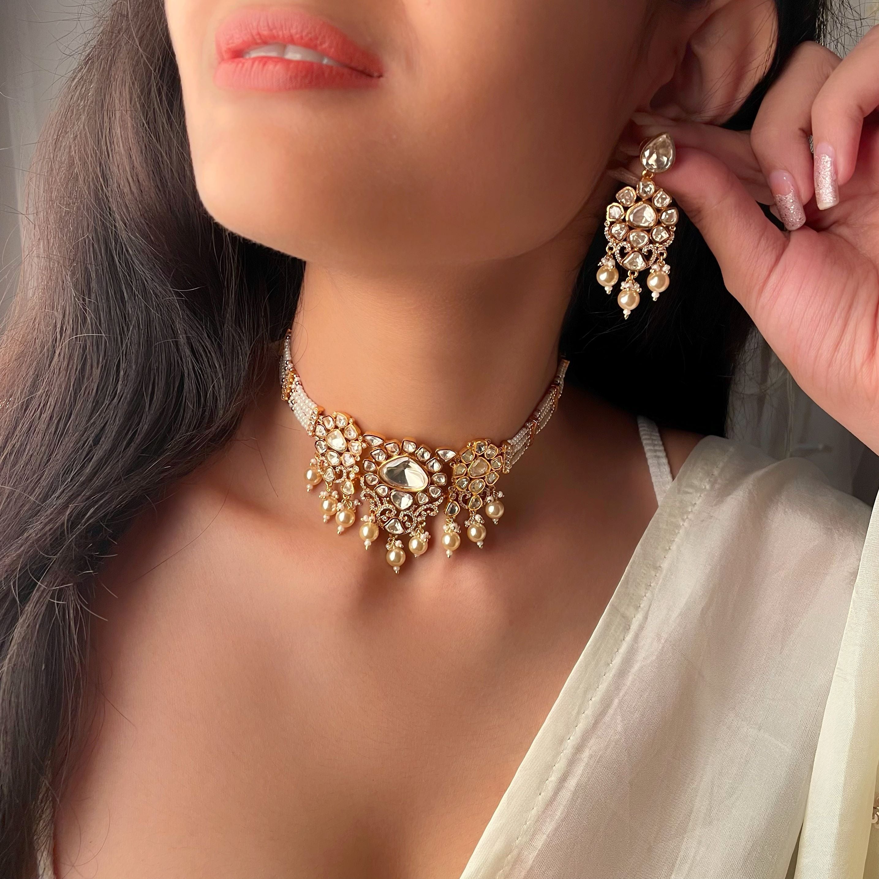 Lavya Pearl Moissanite Designer Choker Set