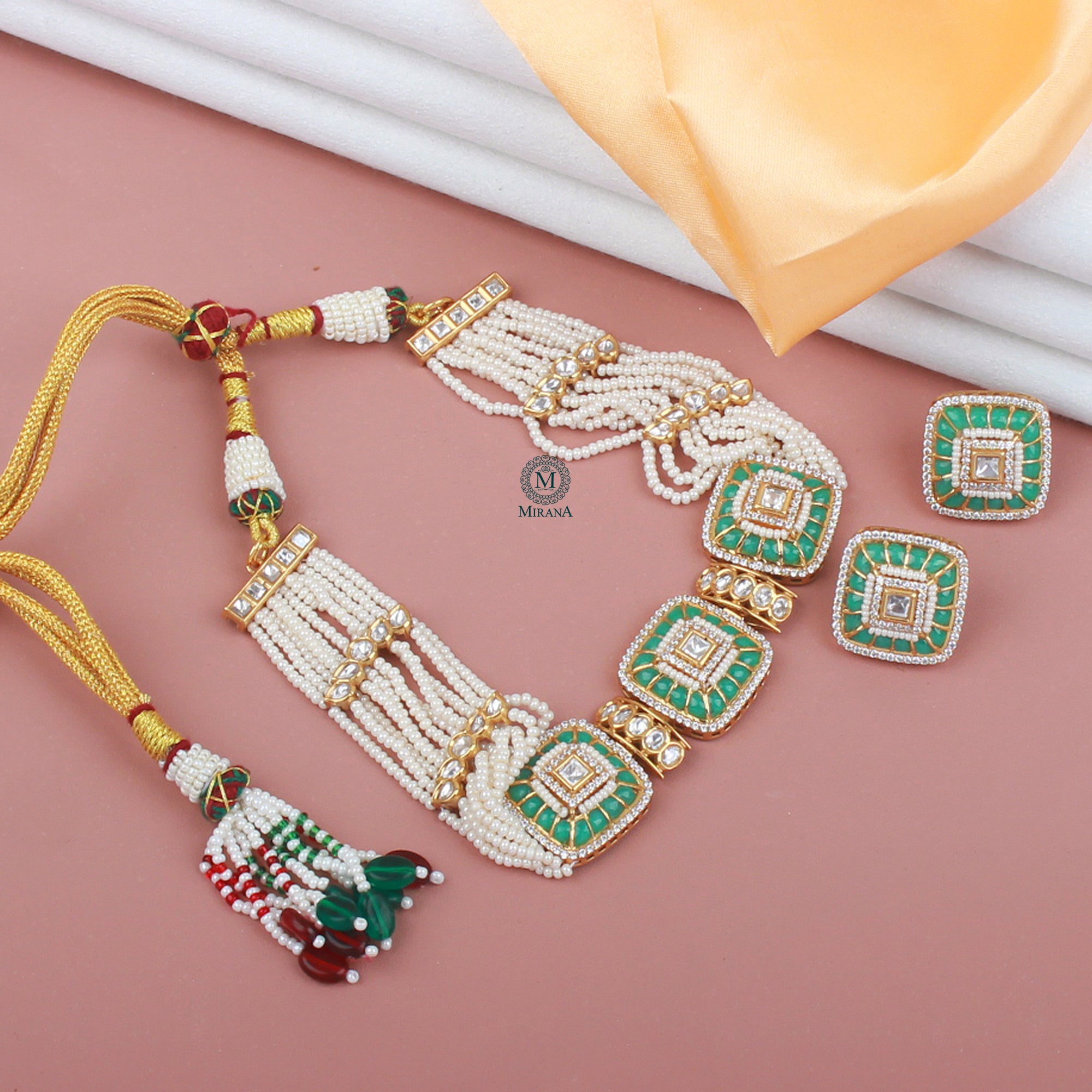 Lavana Pastel Green Polki Designer Choker Set