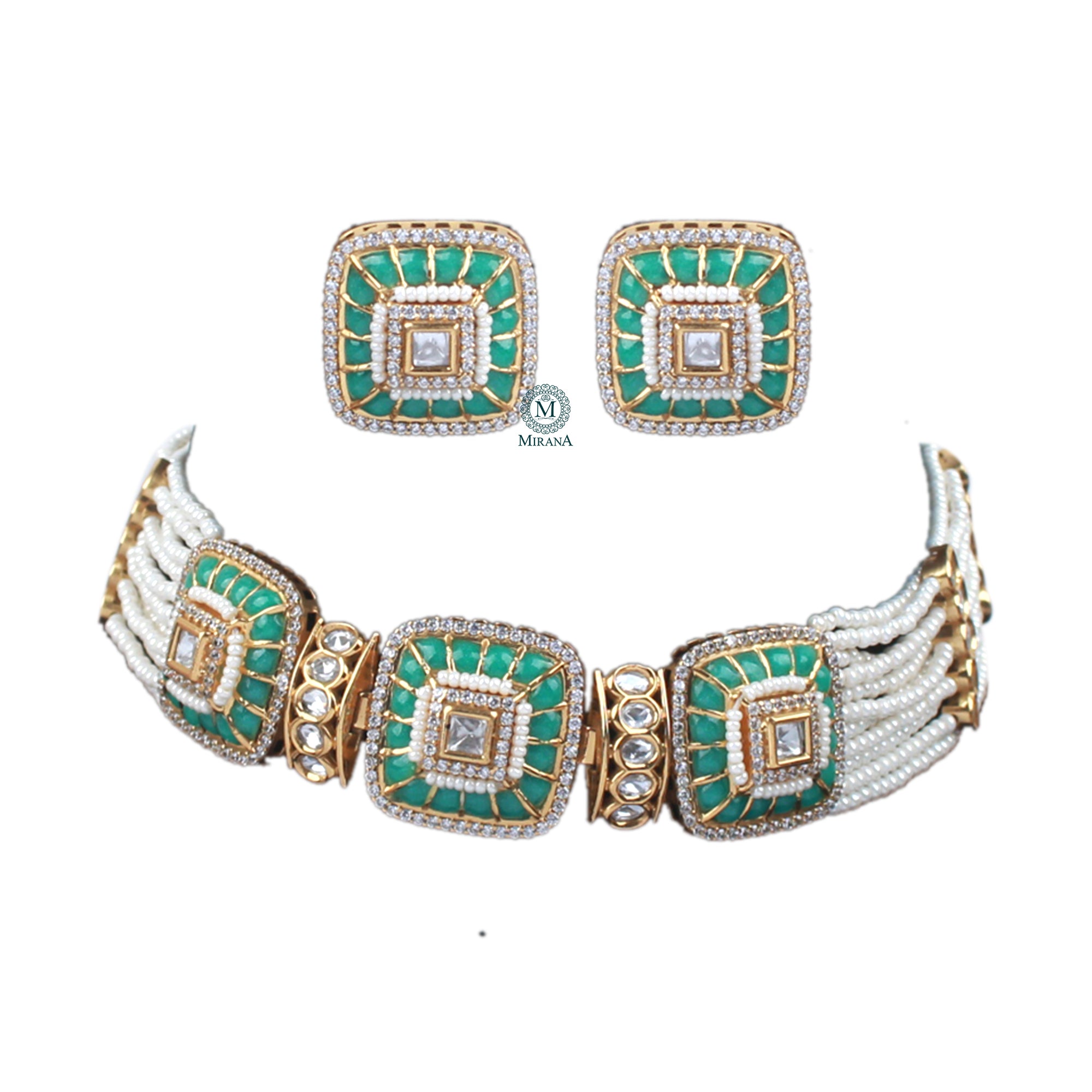 Lavana Pastel Green Polki Designer Choker Set