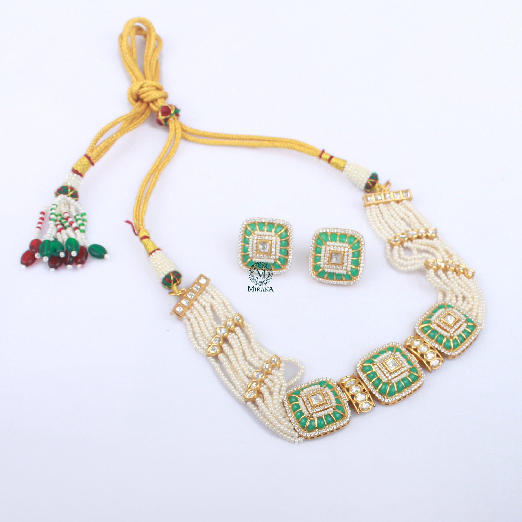 Lavana Pastel Green Polki Designer Choker Set