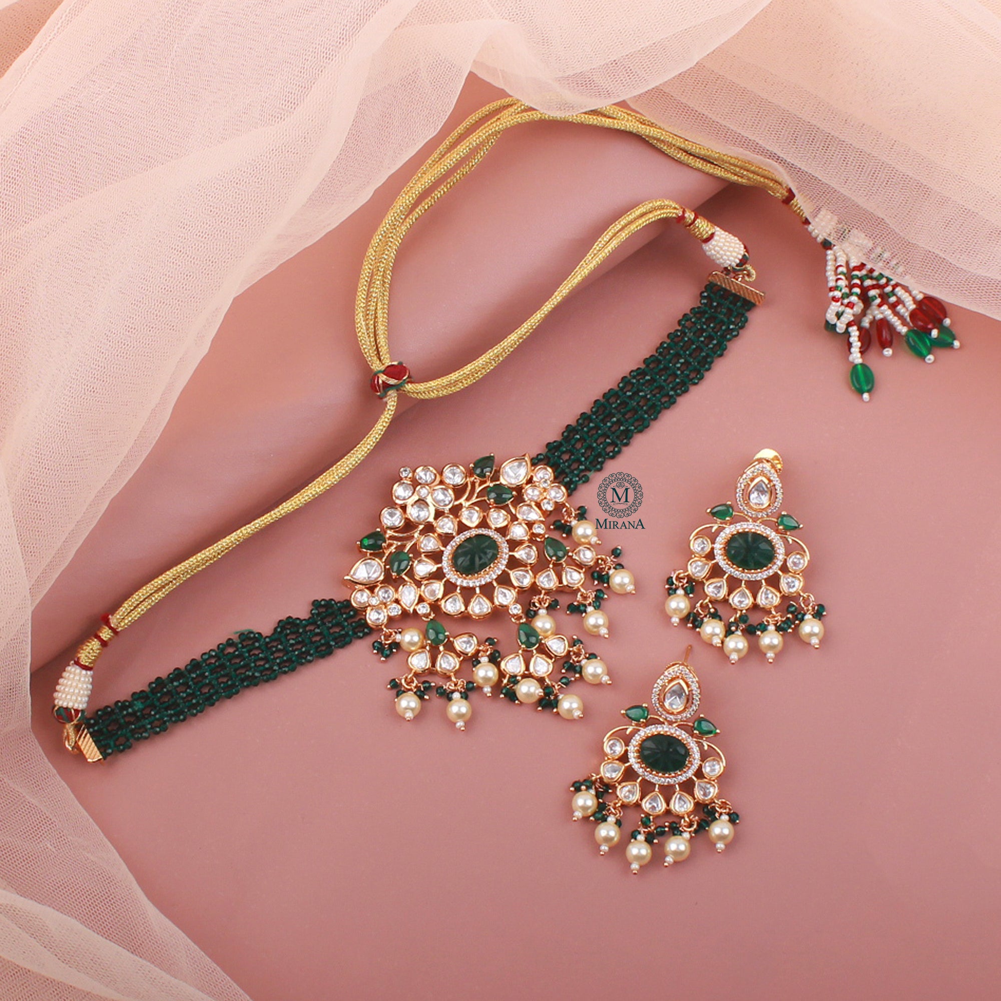 Ekta Emerald Green Polki Choker Set