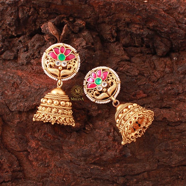 Saachi Ruby Green Antique Jhumkas