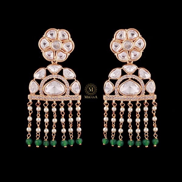 Rupal Green Pearl Polki Tassels Earrings