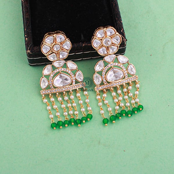 Rupal Green Pearl Polki Tassels Earrings