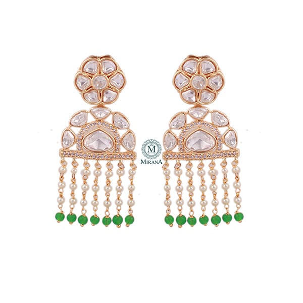 Rupal Green Pearl Polki Tassels Earrings