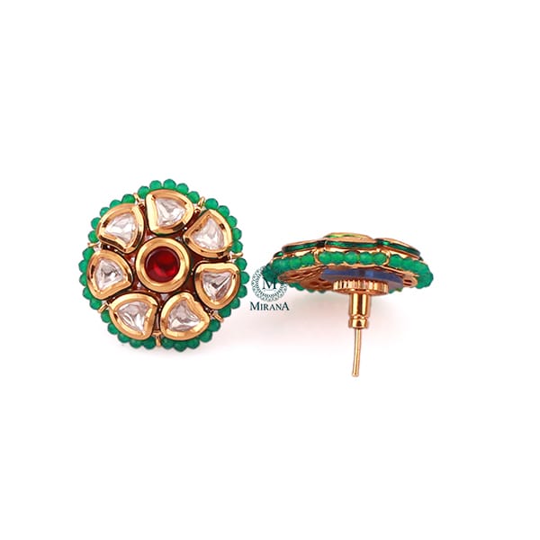 Diya Ruby Green Polki Designer Studs