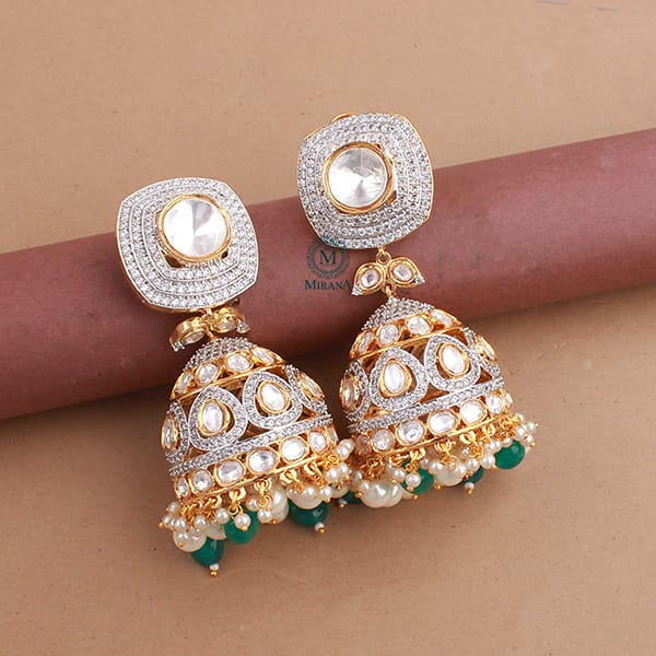 Shreya Green Pearl Polki Designer Jhumkas