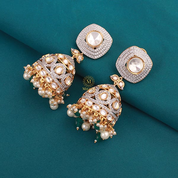 Shreya Green Pearl Polki Designer Jhumkas