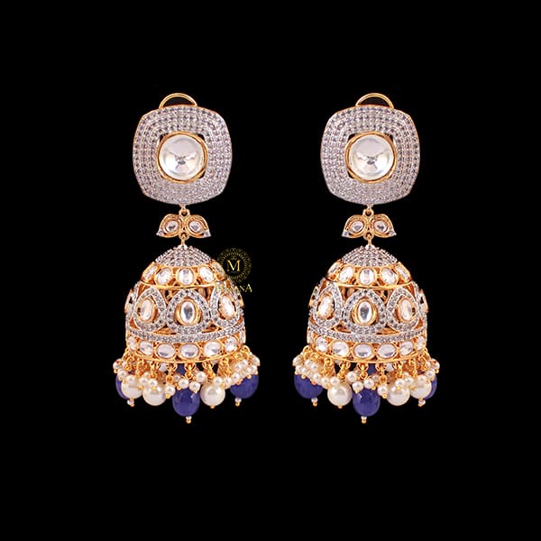 Shreya Blue Pearl Polki Designer Jhumkas