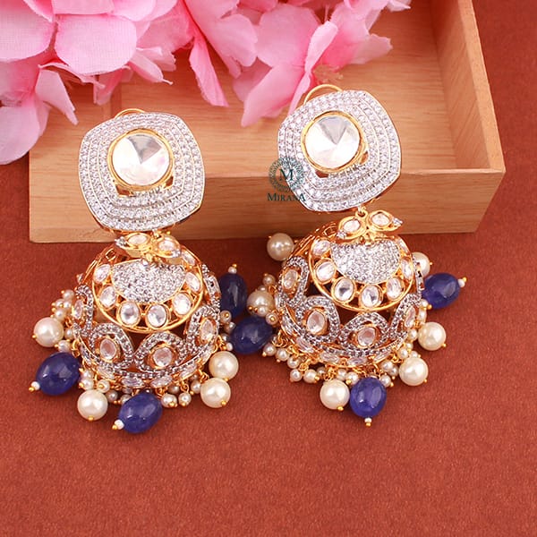 Shreya Blue Pearl Polki Designer Jhumkas