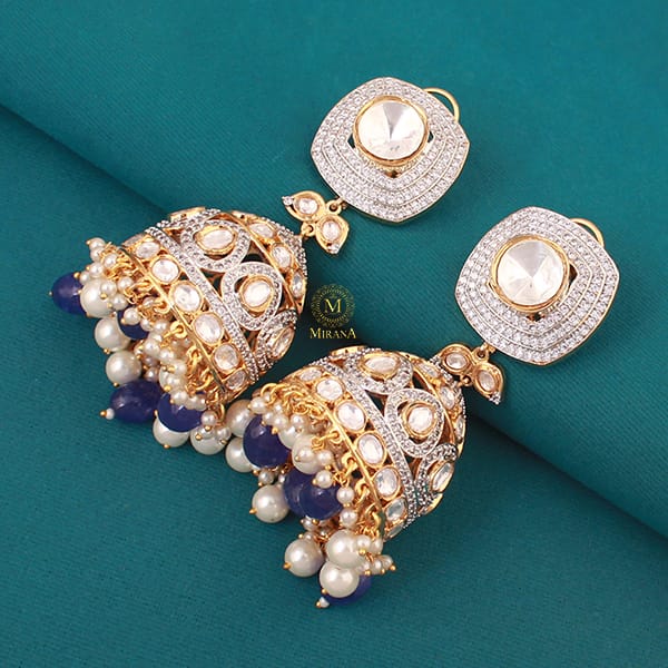 Shreya Blue Pearl Polki Designer Jhumkas