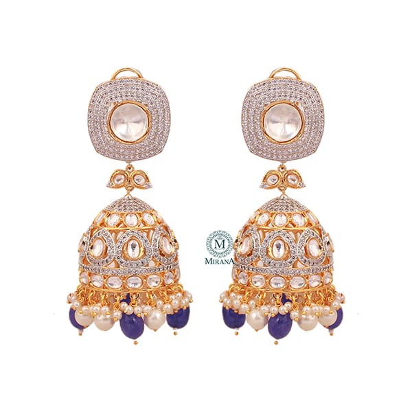 Shreya Blue Pearl Polki Designer Jhumkas