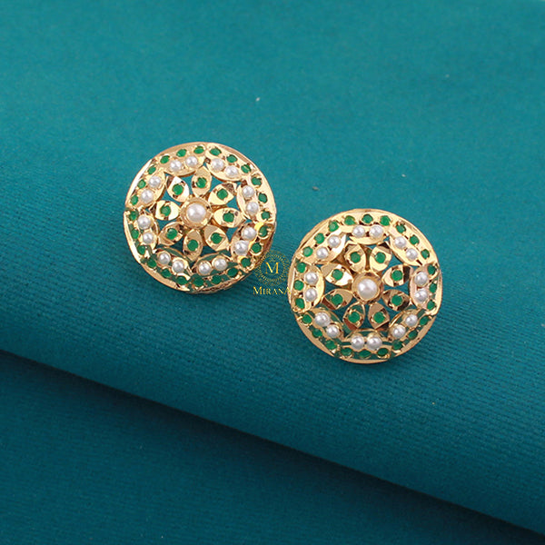 Lavanya Green Pearl Jadau Designer Studs