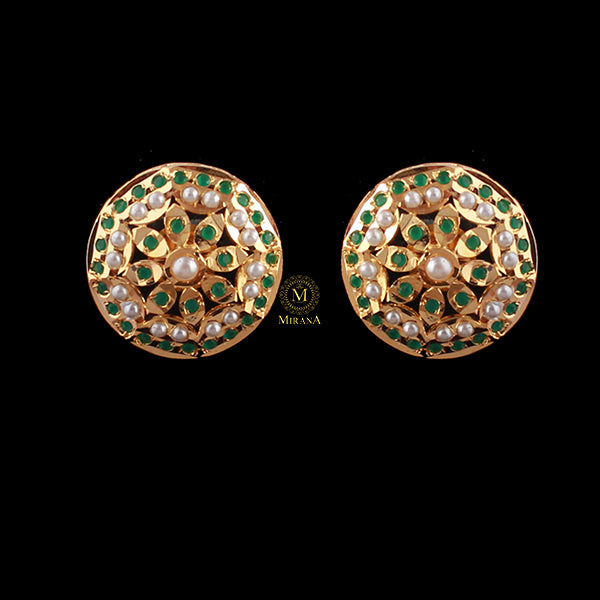 Lavanya Green Pearl Jadau Designer Studs