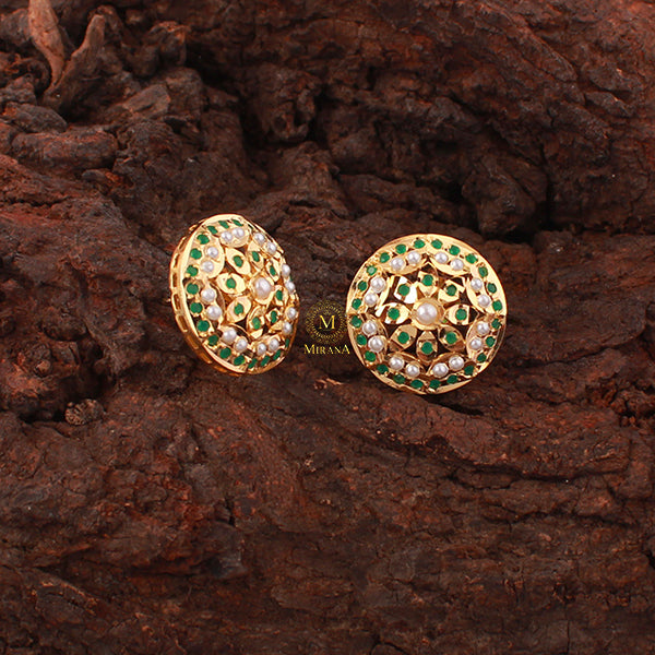 Lavanya Green Pearl Jadau Designer Studs