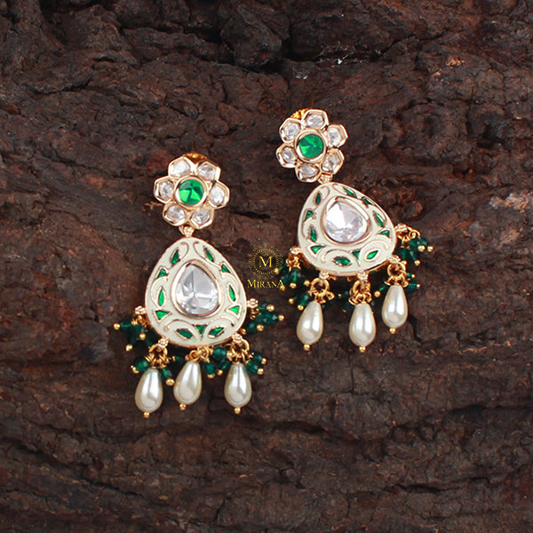 Tishani Emerald Green Meenakari Polki Earrings