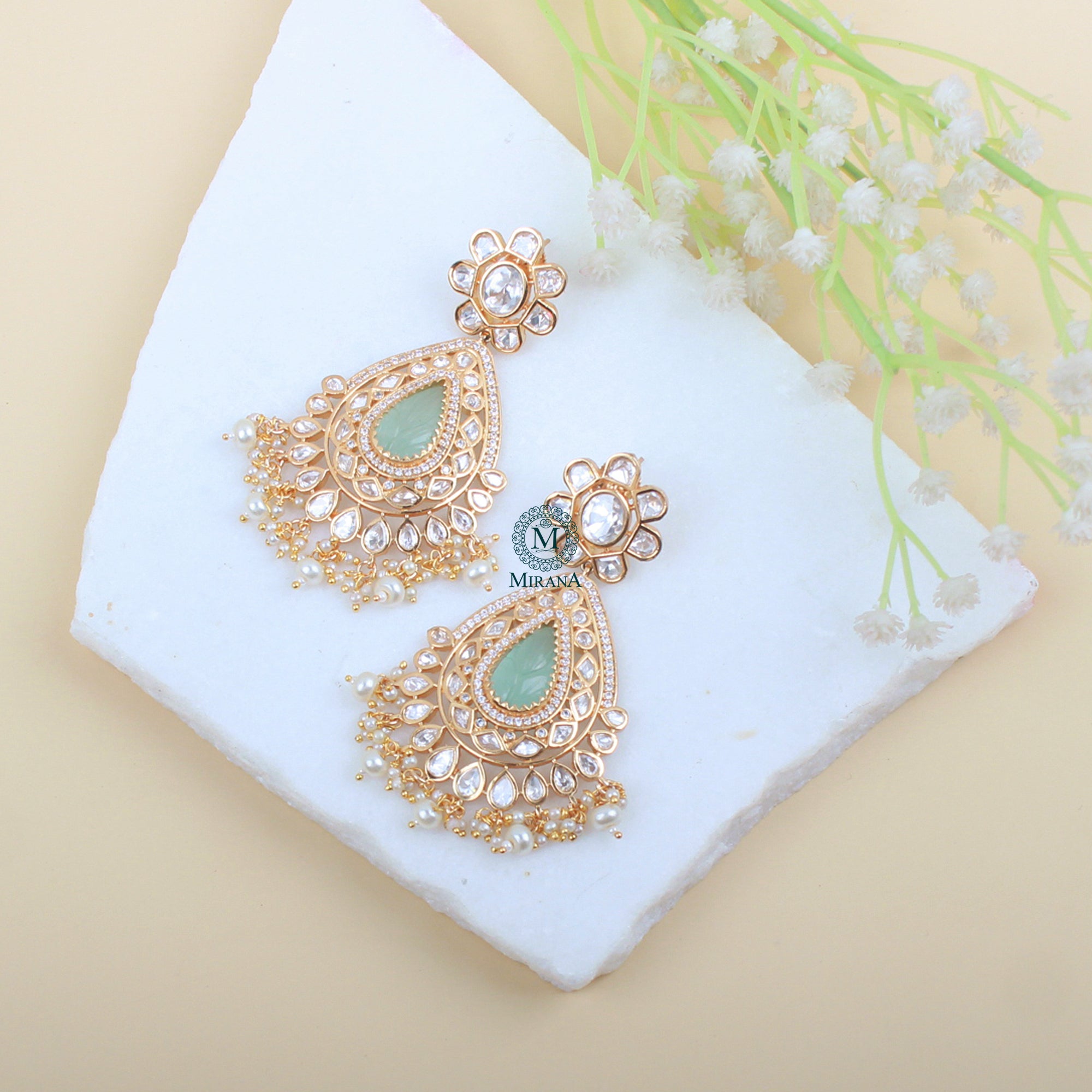 Aanchal Pastel Green Polki Designer Earrings