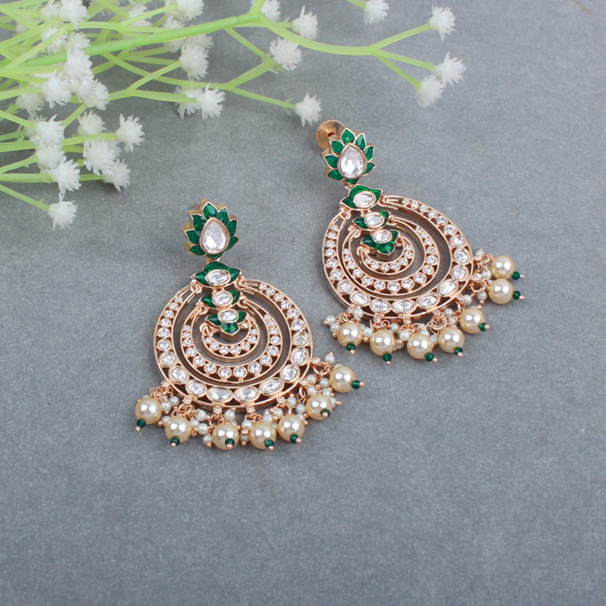 Ishanya Emerald Green Pearl Polki Chandbalis