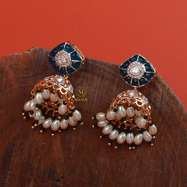 Anvi Sapphire Blue Polki Designer Jhumkas