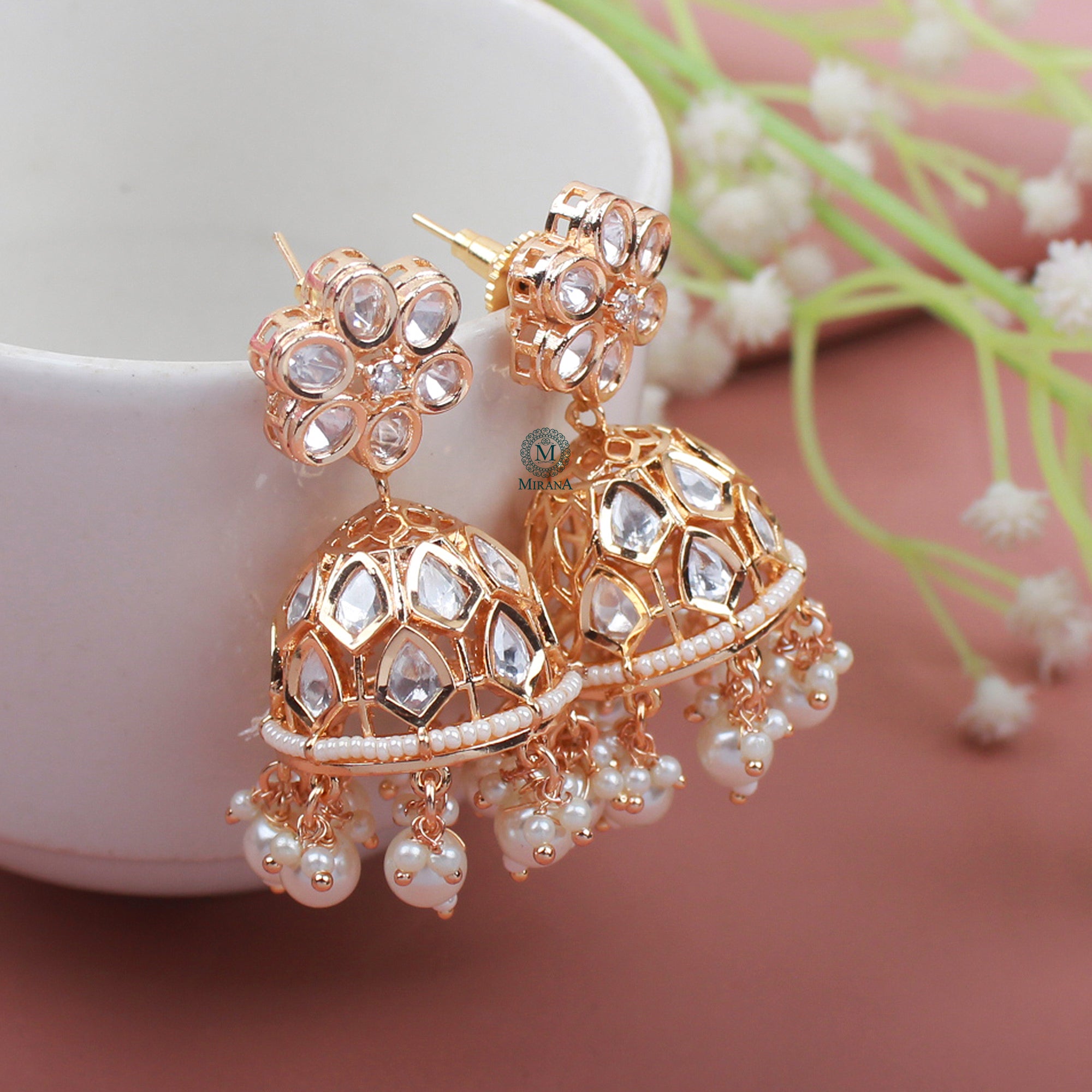 Rashi Pearl Polki Designer Jhumkas