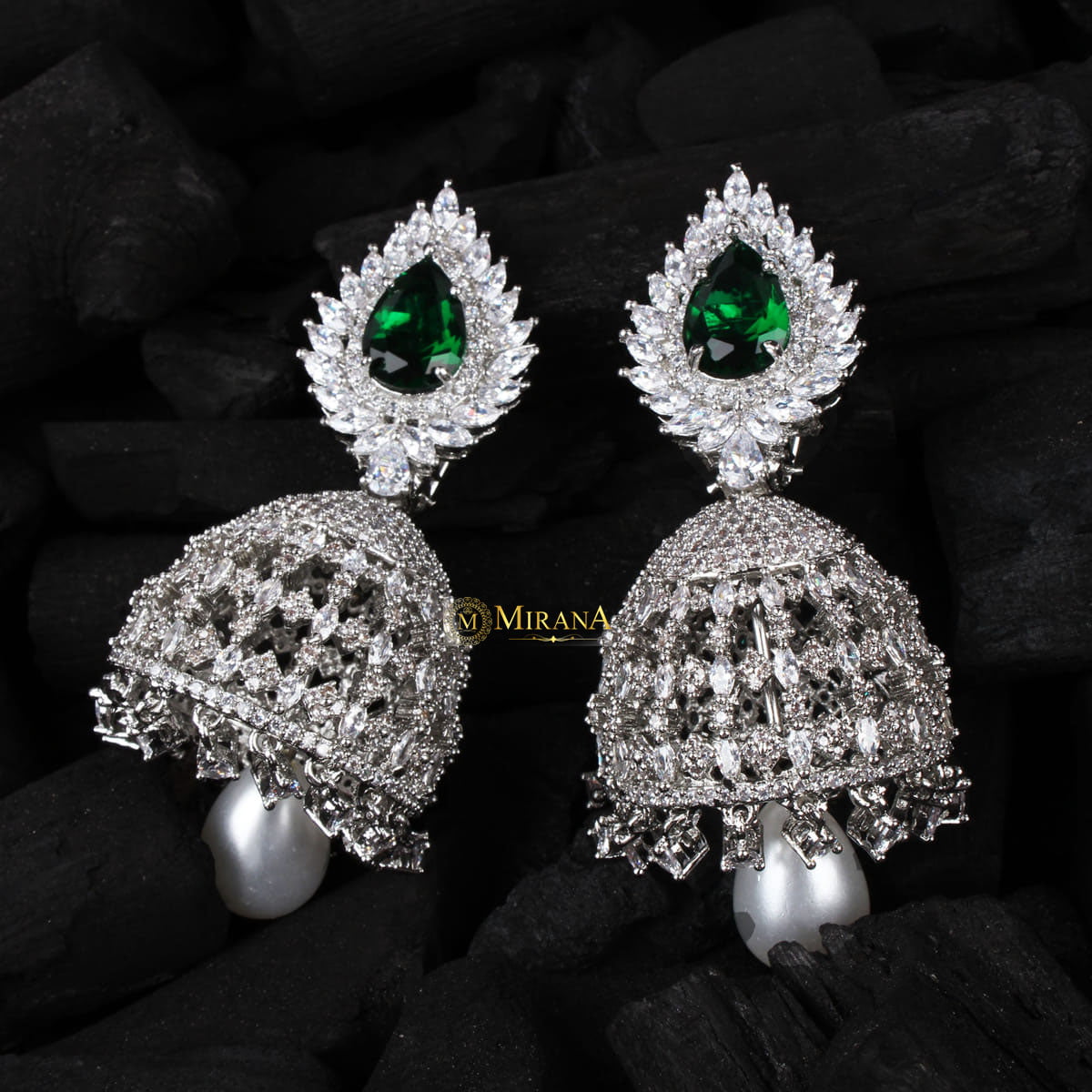 MJER21E156-6-Pear-Motif-Colored-Jhumkas-Silver-Green-Color-Look-2.jpg