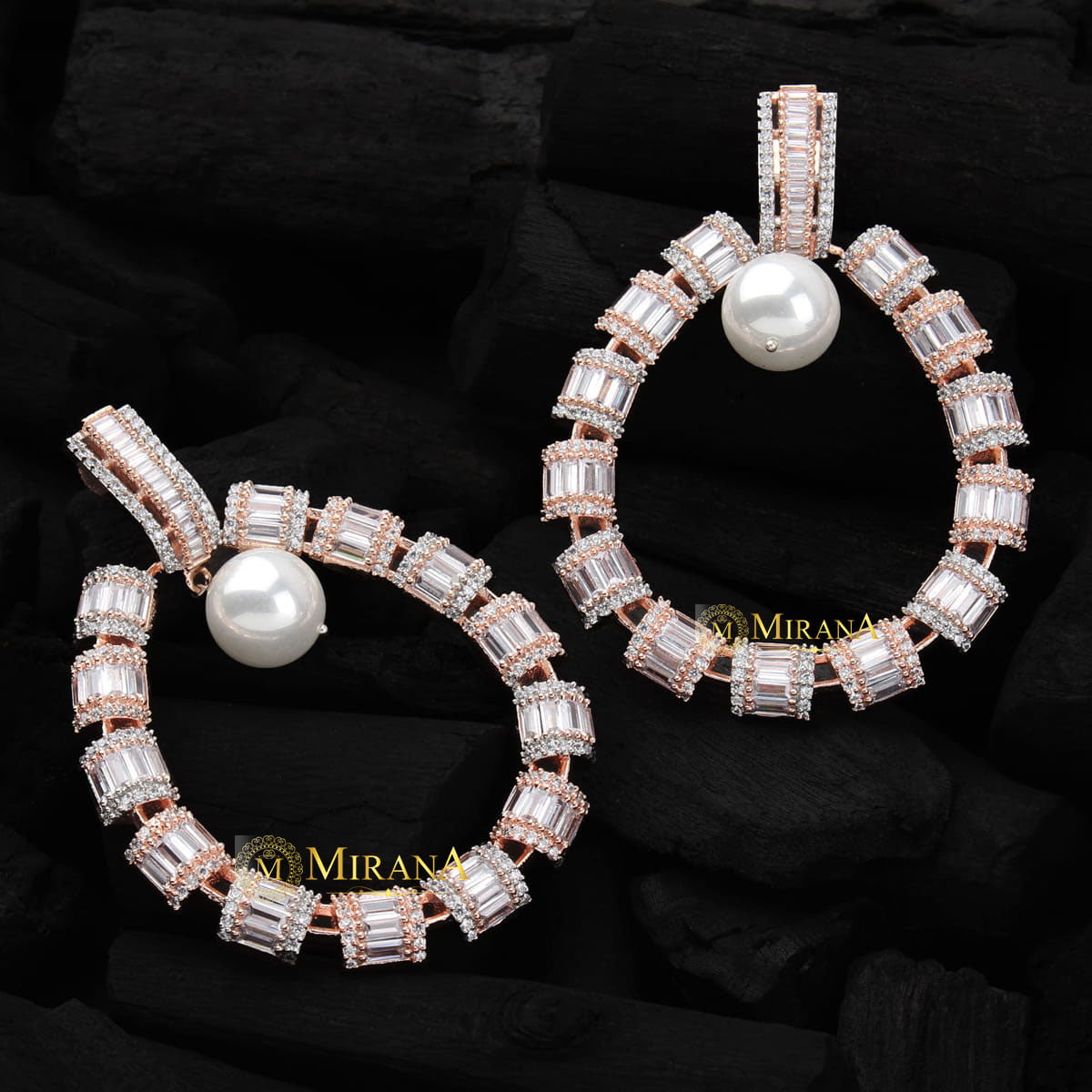 CZ Baguette Cut Designer Pearl Earrings