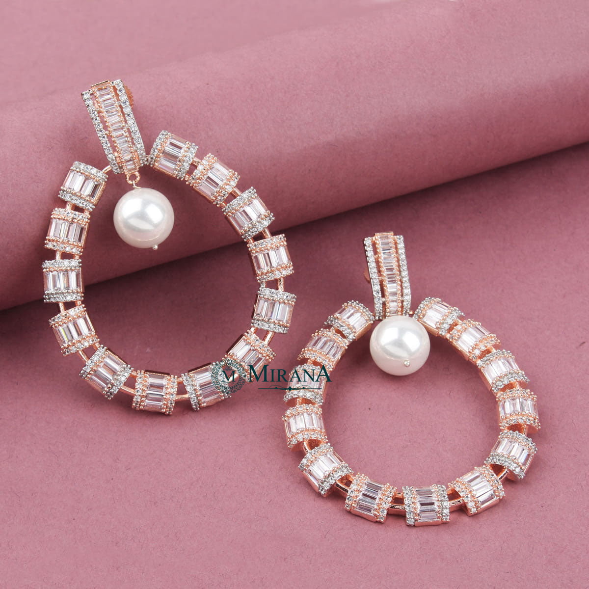CZ Baguette Cut Designer Pearl Earrings