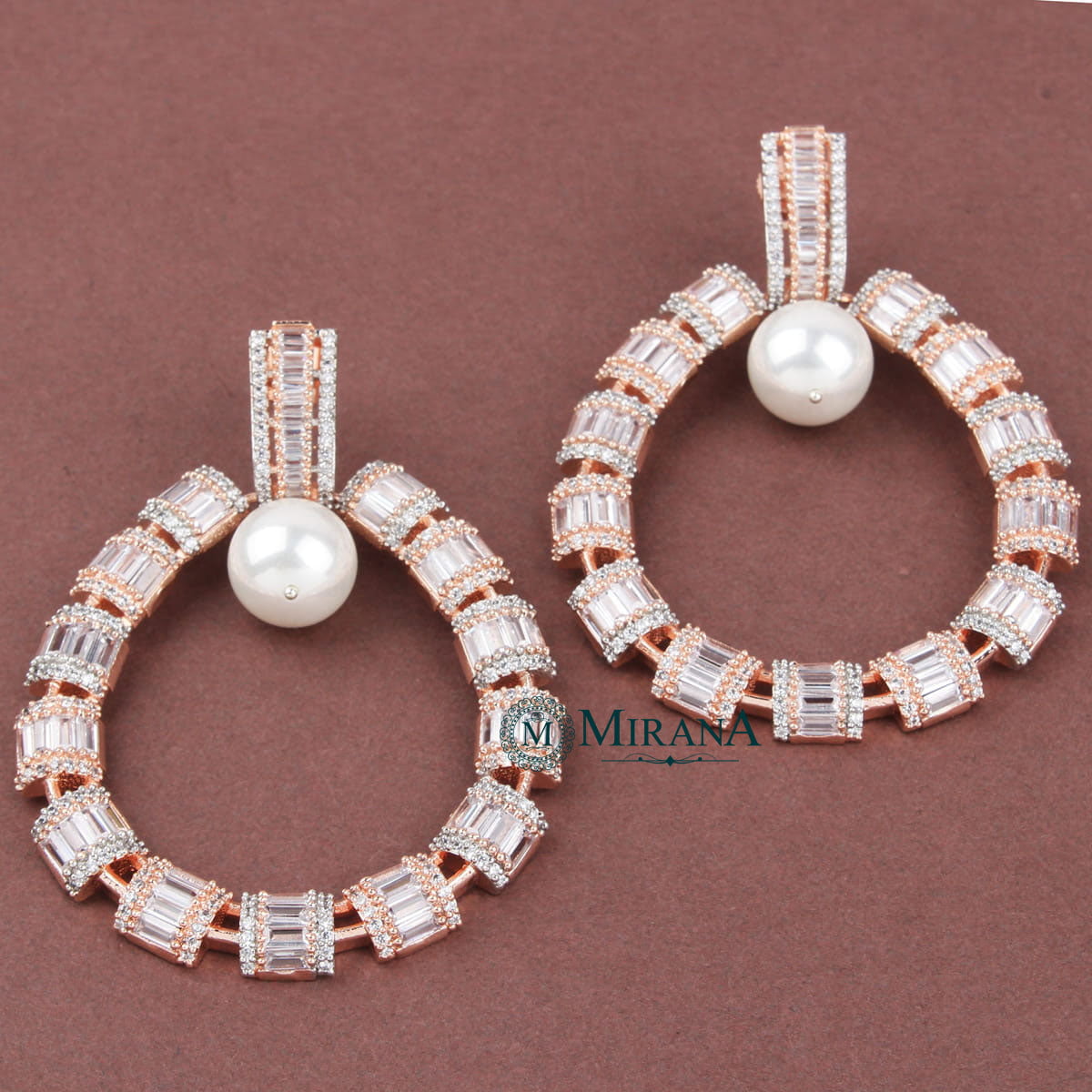CZ Baguette Cut Designer Pearl Earrings