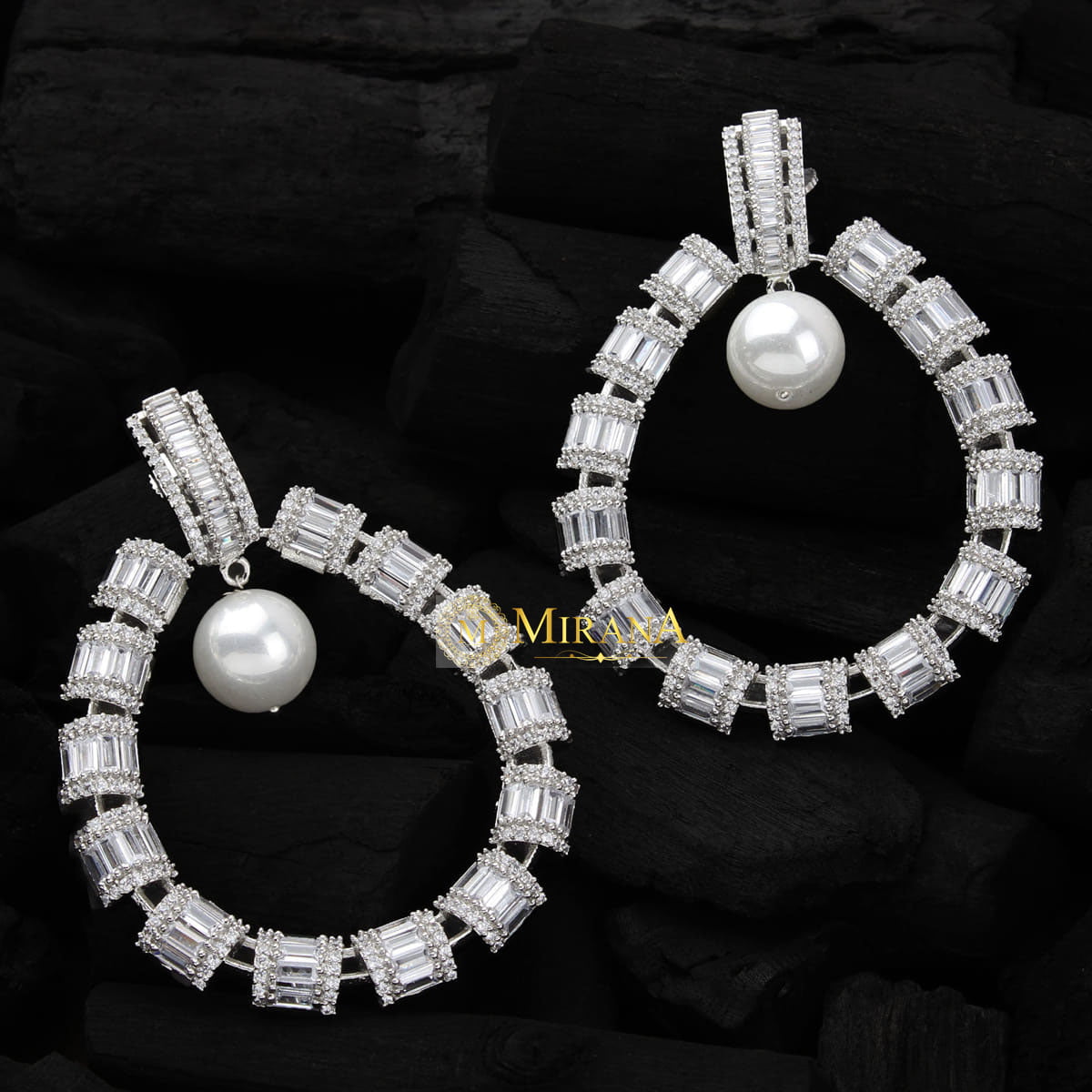 CZ Baguette Cut Designer Pearl Earrings