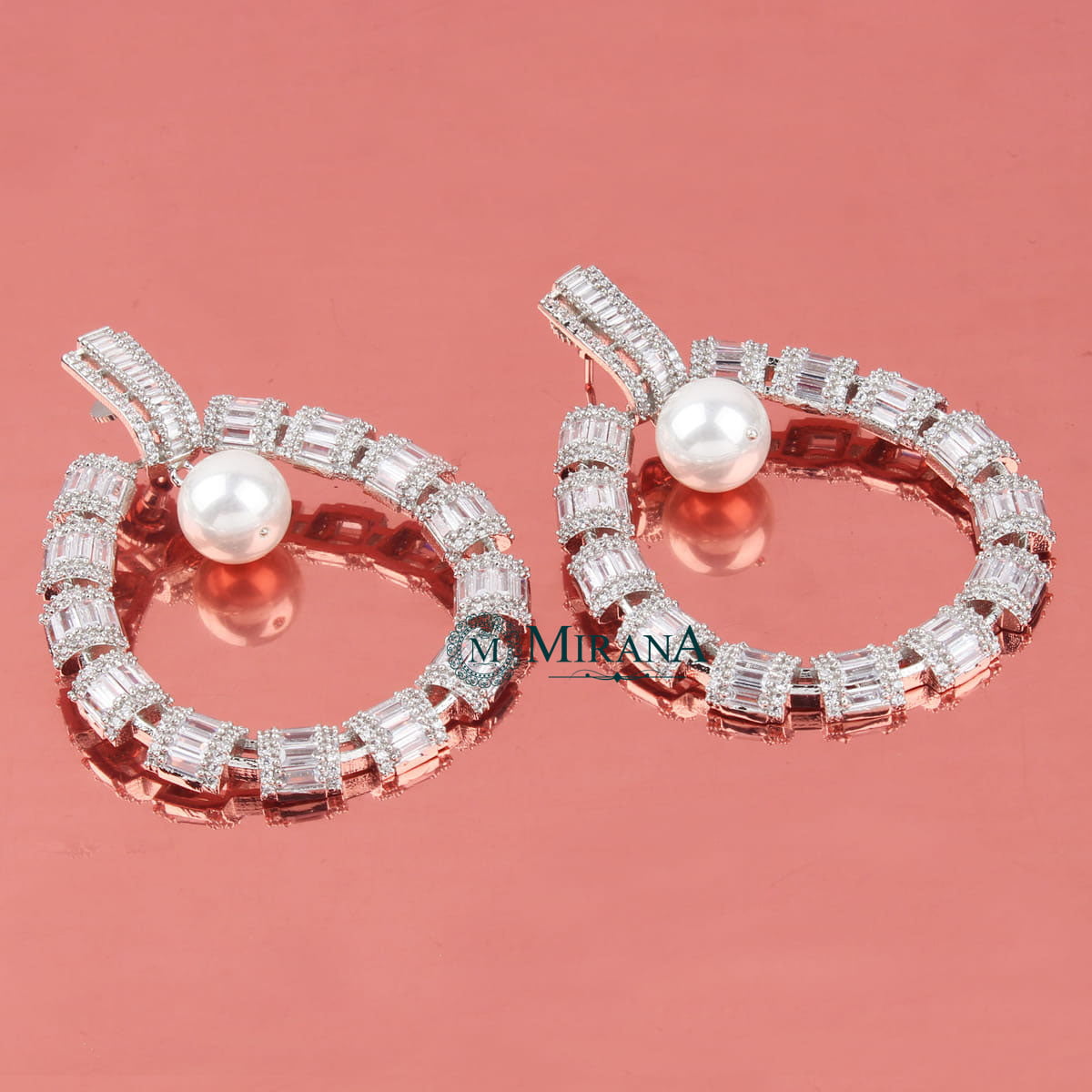 CZ Baguette Cut Designer Pearl Earrings