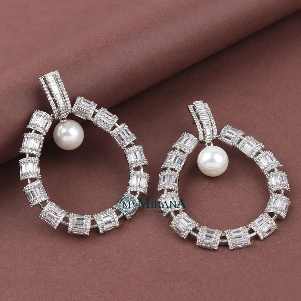 CZ Baguette Cut Designer Pearl Earrings