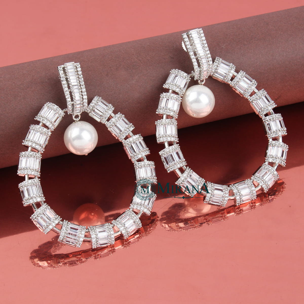 CZ Baguette Cut Designer Pearl Earrings