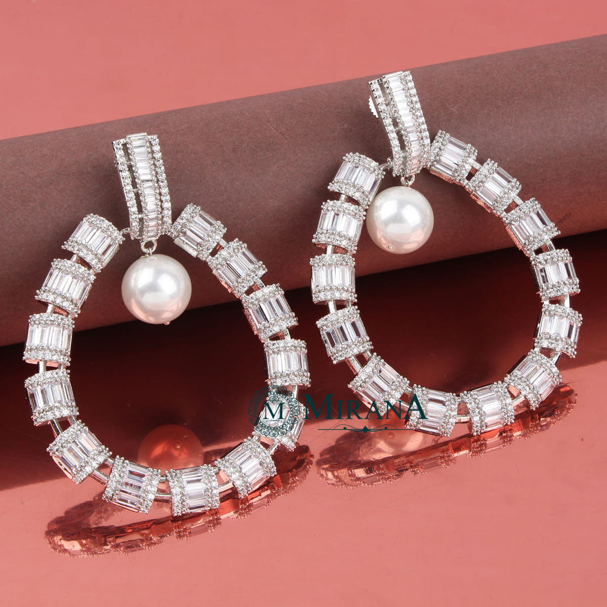 CZ Baguette Cut Designer Pearl Earrings