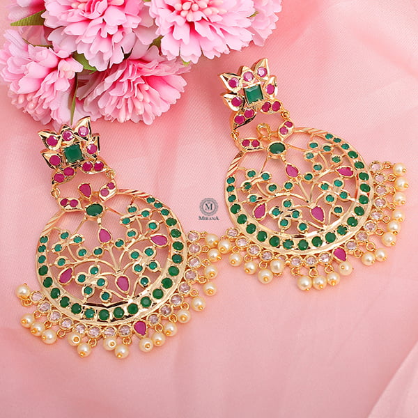 Rajwadi Green Ruby Pearls Chandbalis