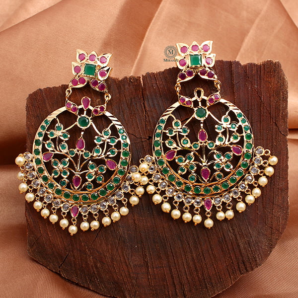 Rajwadi Green Ruby Pearls Chandbalis