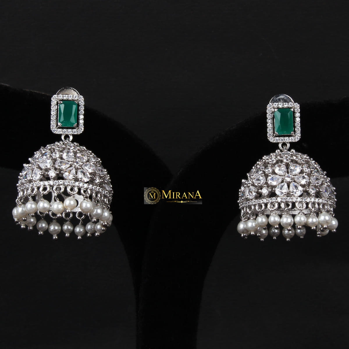 Ruma Green Pearl Designer Jhumkas