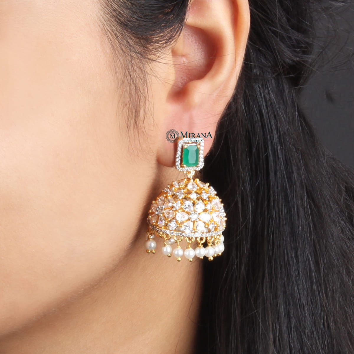 Ruma Green Pearl Designer Jhumkas