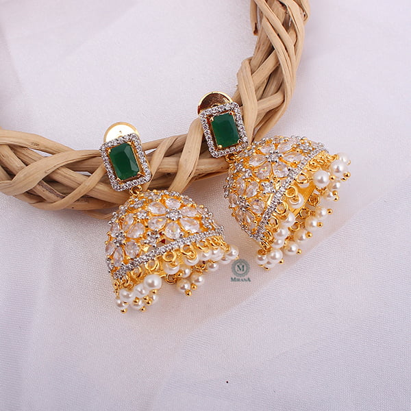 Ruma Green Pearl Designer Jhumkas