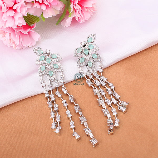 Elisa Pastel Green CZ Designer Tassels Earrings