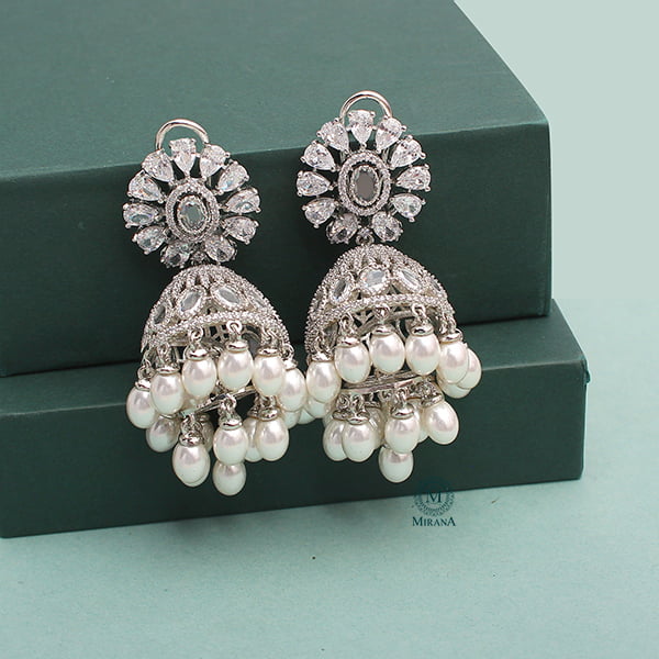 Jazzy Pearl CZ Designer Jhumkas