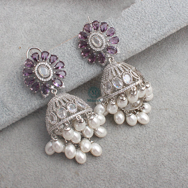 Jazzy Lavender Pearl CZ Designer Jhumkas