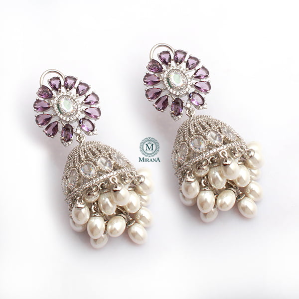 Jazzy Lavender Pearl CZ Designer Jhumkas