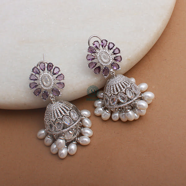 Jazzy Lavender Pearl CZ Designer Jhumkas