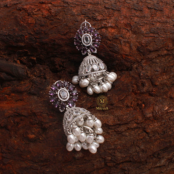 Jazzy Lavender Pearl CZ Designer Jhumkas