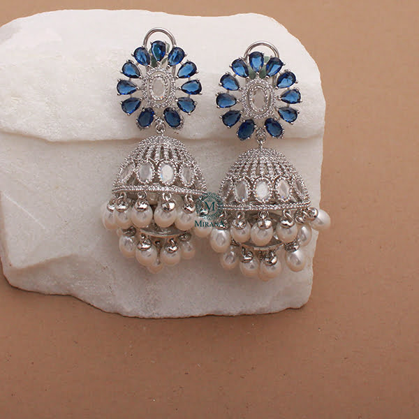 Jazzy Sapphire Blue Pearl CZ Jhumkas