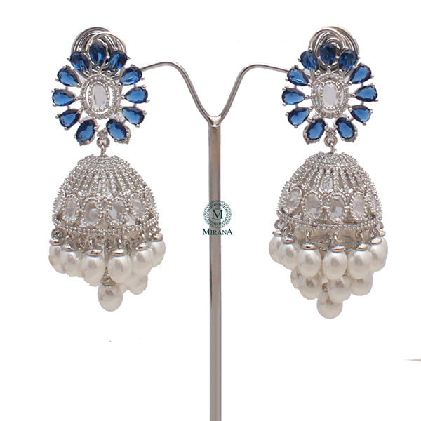 Jazzy Sapphire Blue Pearl CZ Jhumkas