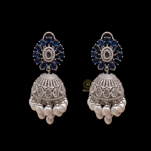 Jazzy Sapphire Blue Pearl CZ Jhumkas