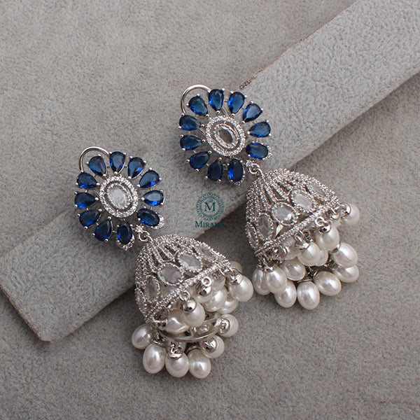 Jazzy Sapphire Blue Pearl CZ Jhumkas