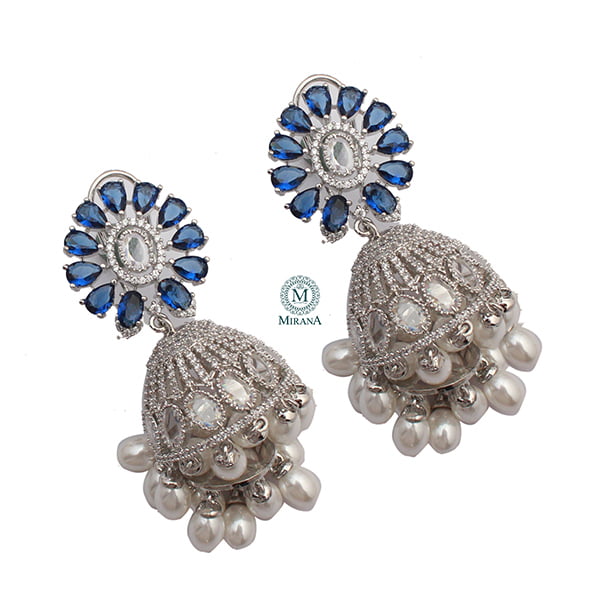 Jazzy Sapphire Blue Pearl CZ Jhumkas